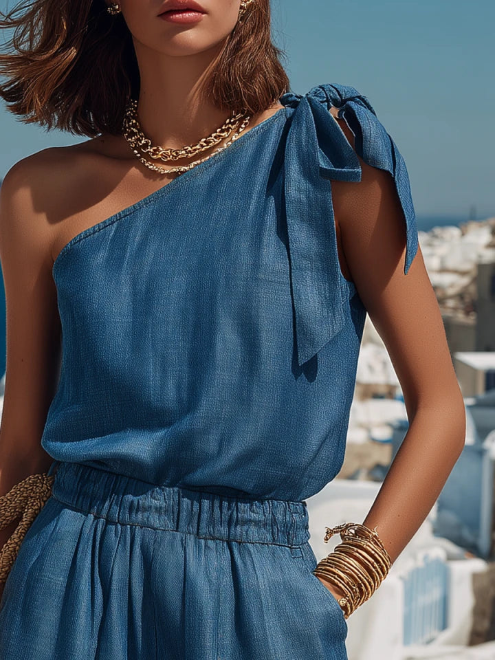 Skye | One-Shoulder Tencel Denim Shorts Set oaklynwear