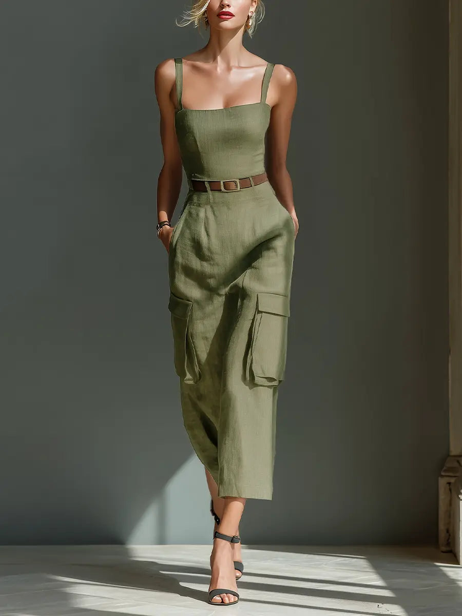 Stevie | Women's Olive Green Linen Fabric Sleeveless Midi Dress With Cargo Pockets & Belted Waist oaklynwear