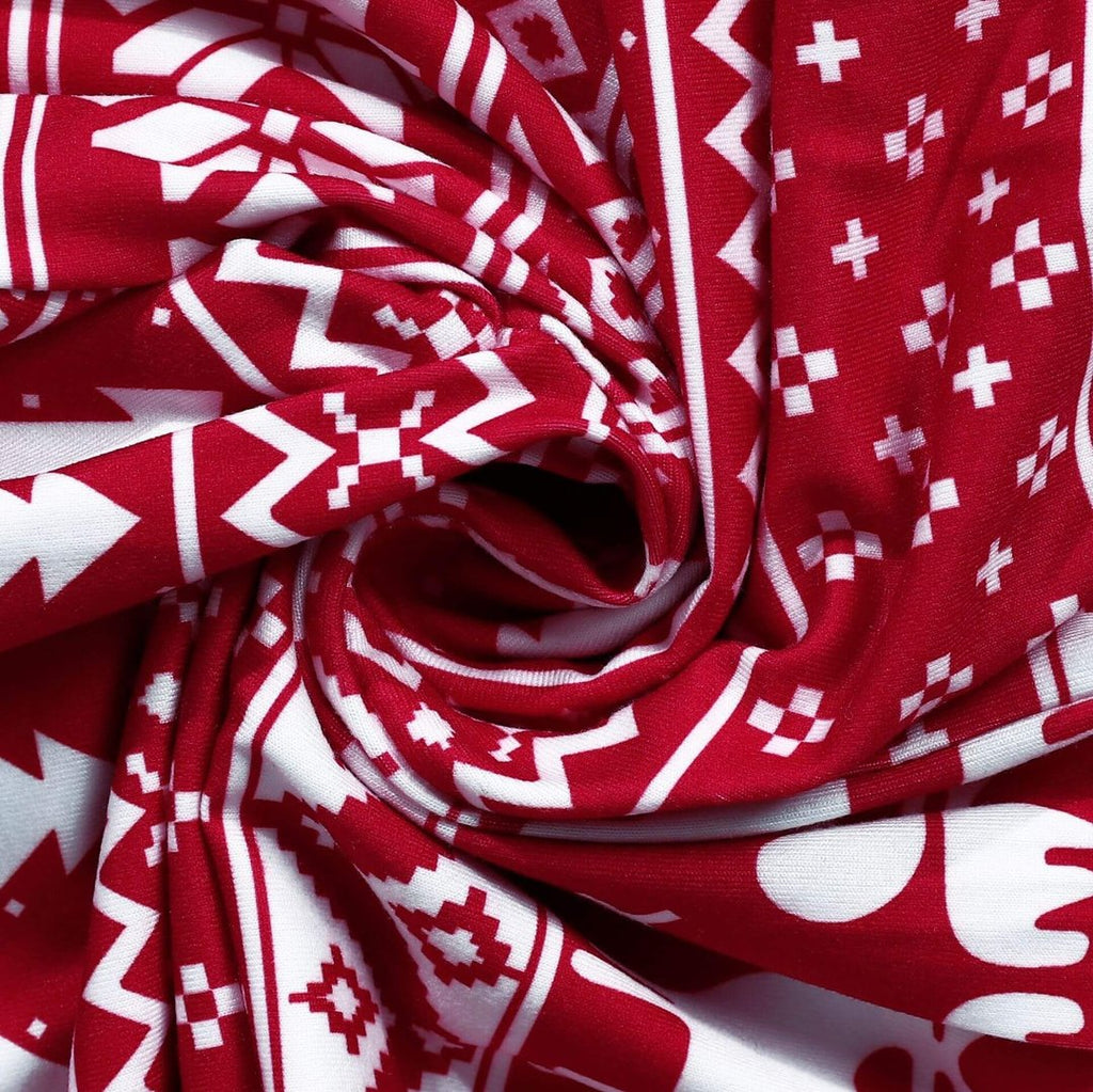 Red and white fair isle family Christmas pajamas with reindeer, tree and snowflake print - view 10