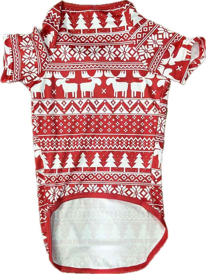 Red and white fair isle family Christmas pajamas with reindeer, tree and snowflake print - view 12