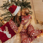 Red and white fair isle family Christmas pajamas with reindeer, tree and snowflake print - view 13