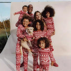 Red and white fair isle family Christmas pajamas with reindeer, tree and snowflake print - view 3