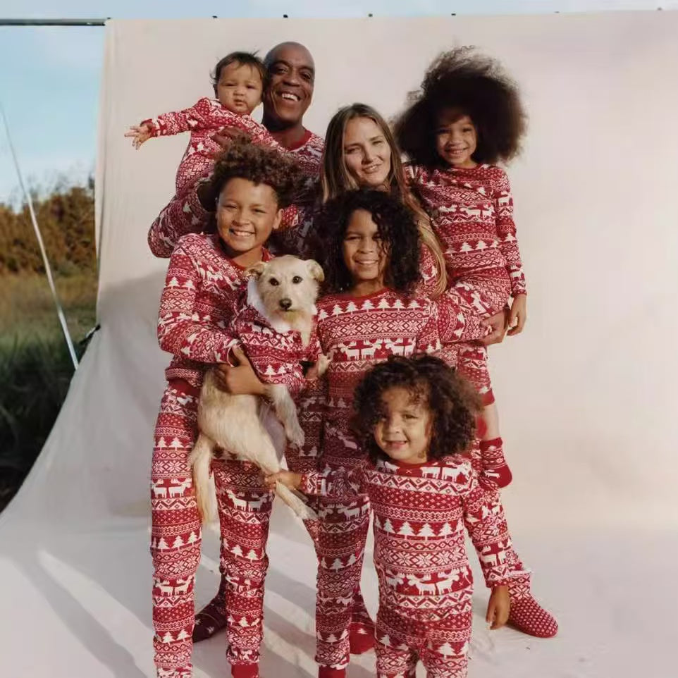 Red and white fair isle family Christmas pajamas with reindeer, tree and snowflake print - view 3