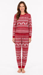 Red and white fair isle family Christmas pajamas with reindeer, tree and snowflake print - view 4