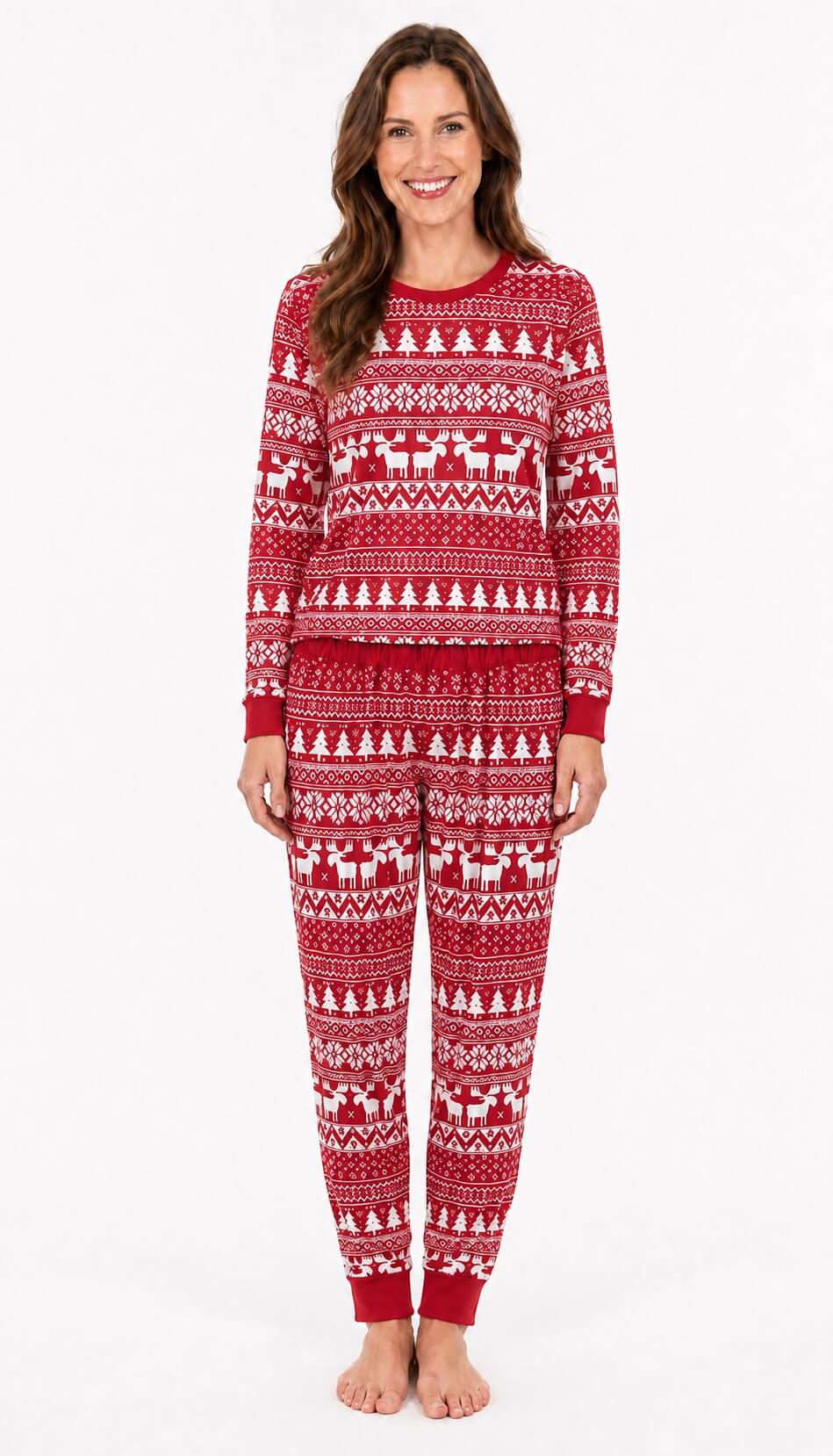 Red and white fair isle family Christmas pajamas with reindeer, tree and snowflake print - view 4