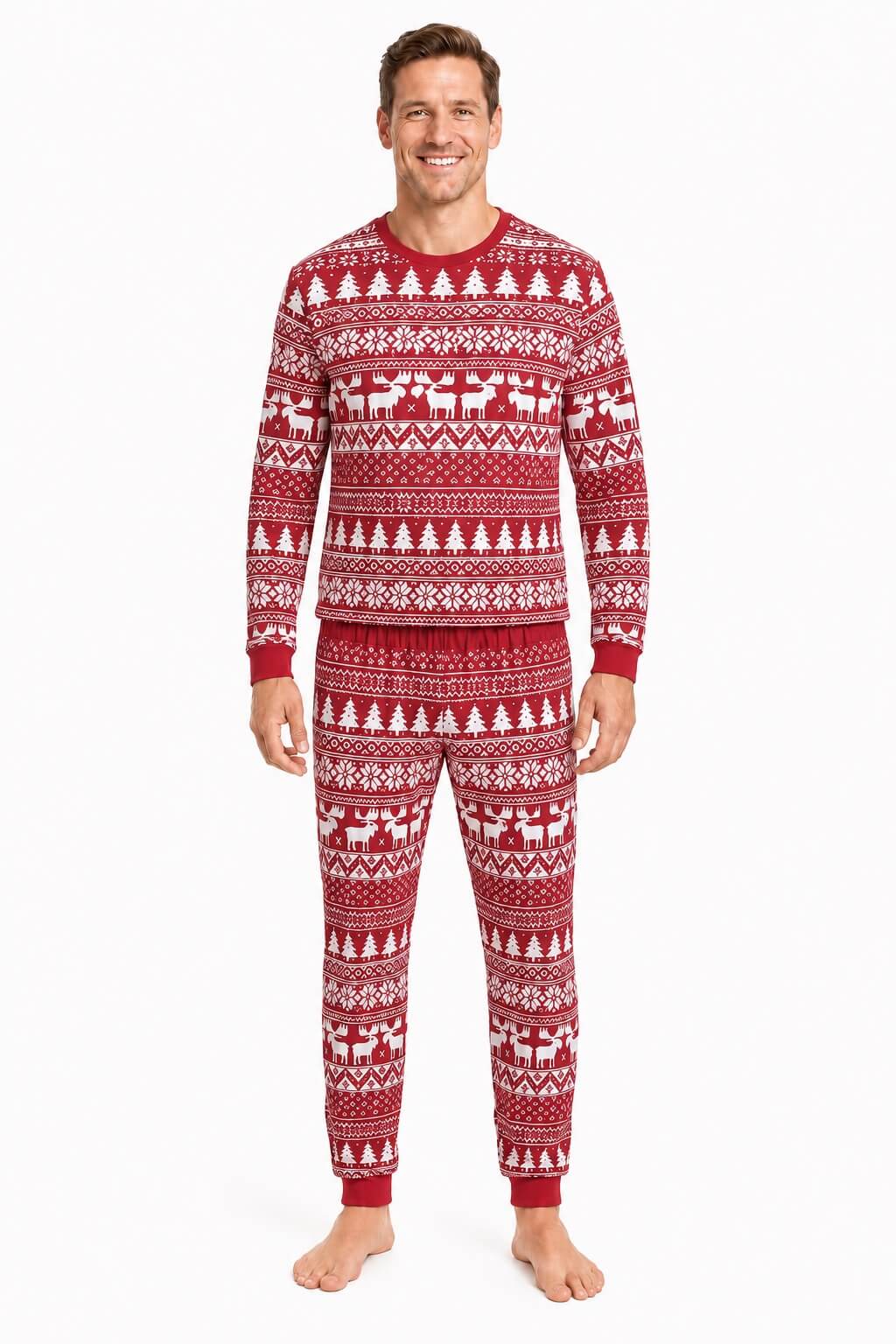 Red and white fair isle family Christmas pajamas with reindeer, tree and snowflake print - view 5