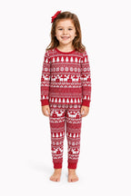 Red and white fair isle family Christmas pajamas with reindeer, tree and snowflake print - view 7