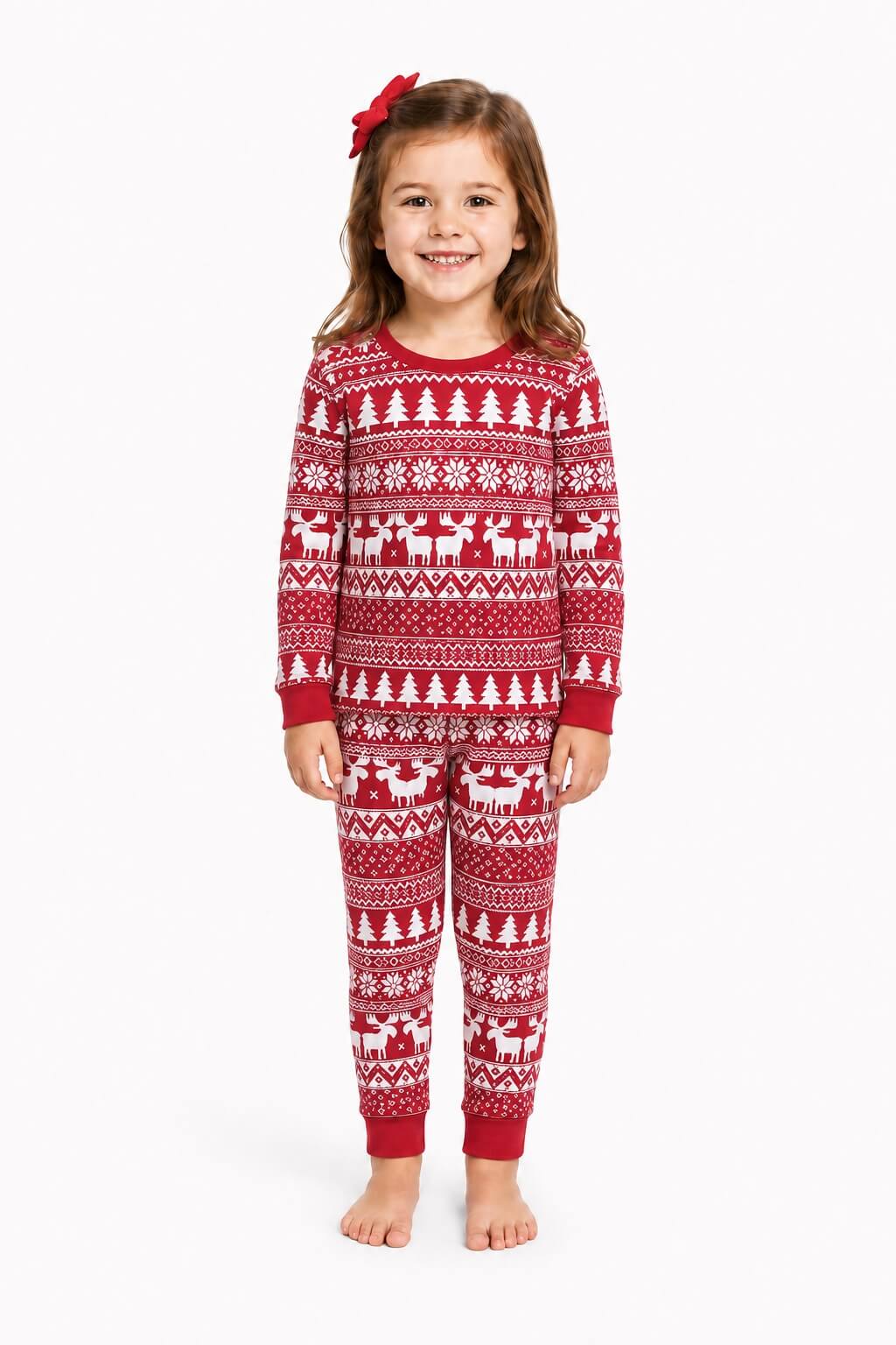Red and white fair isle family Christmas pajamas with reindeer, tree and snowflake print - view 7