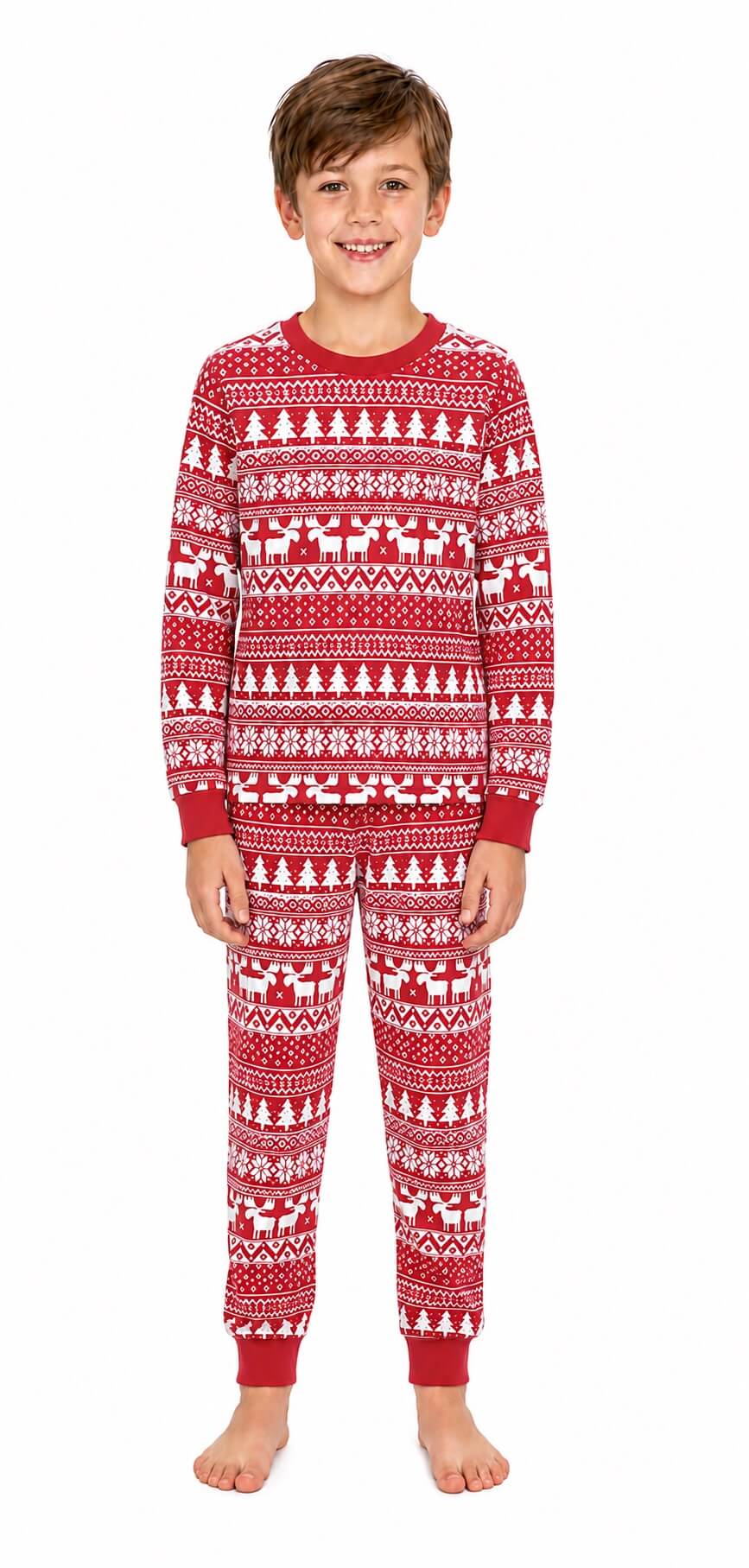 Red and white fair isle family Christmas pajamas with reindeer, tree and snowflake print - view 8