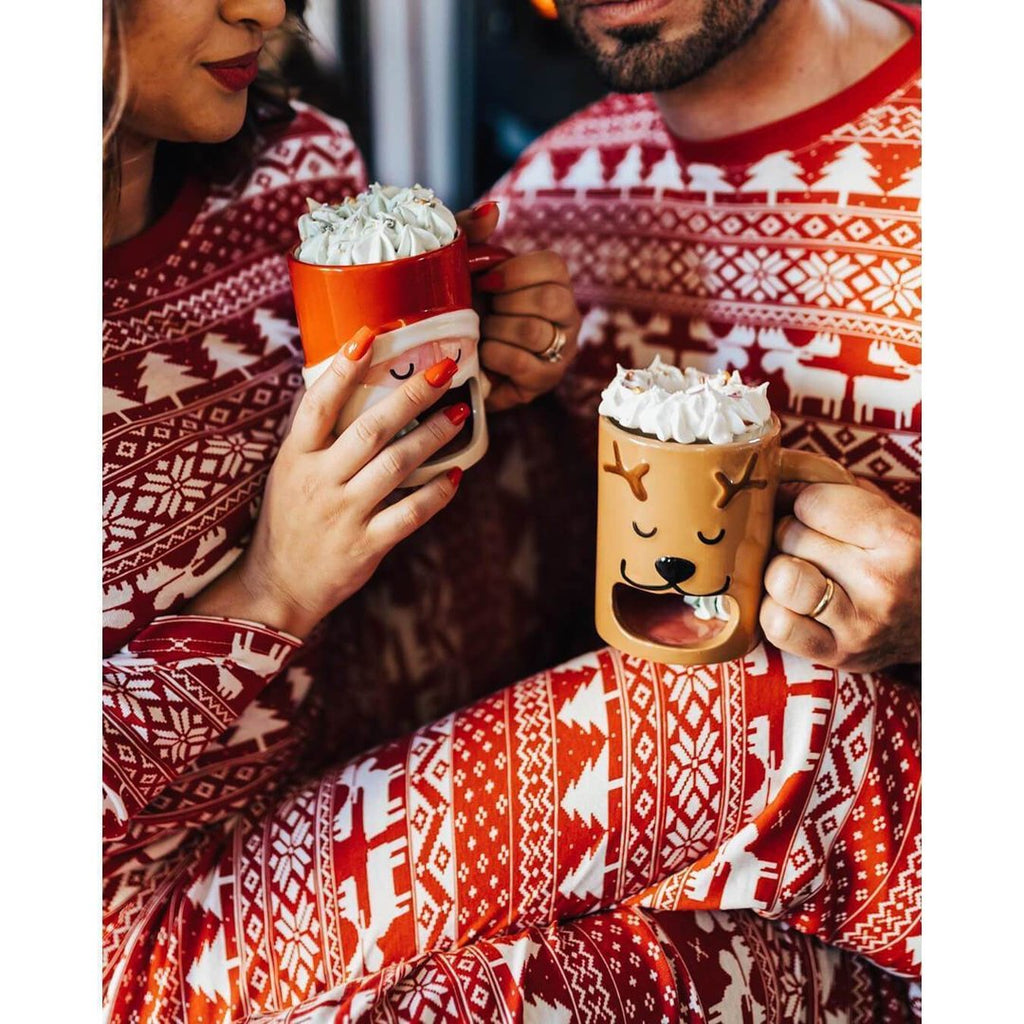 Red and white fair isle family Christmas pajamas with reindeer, tree and snowflake print - view 9