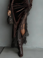 Brown long sleeve velvet maxi dress with turtleneck, ruched hip and lace slit for wedding guests - view 3
