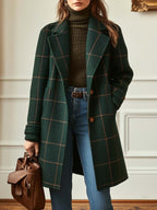 Women's wool blend plaid coat with notch lapels and two-button front