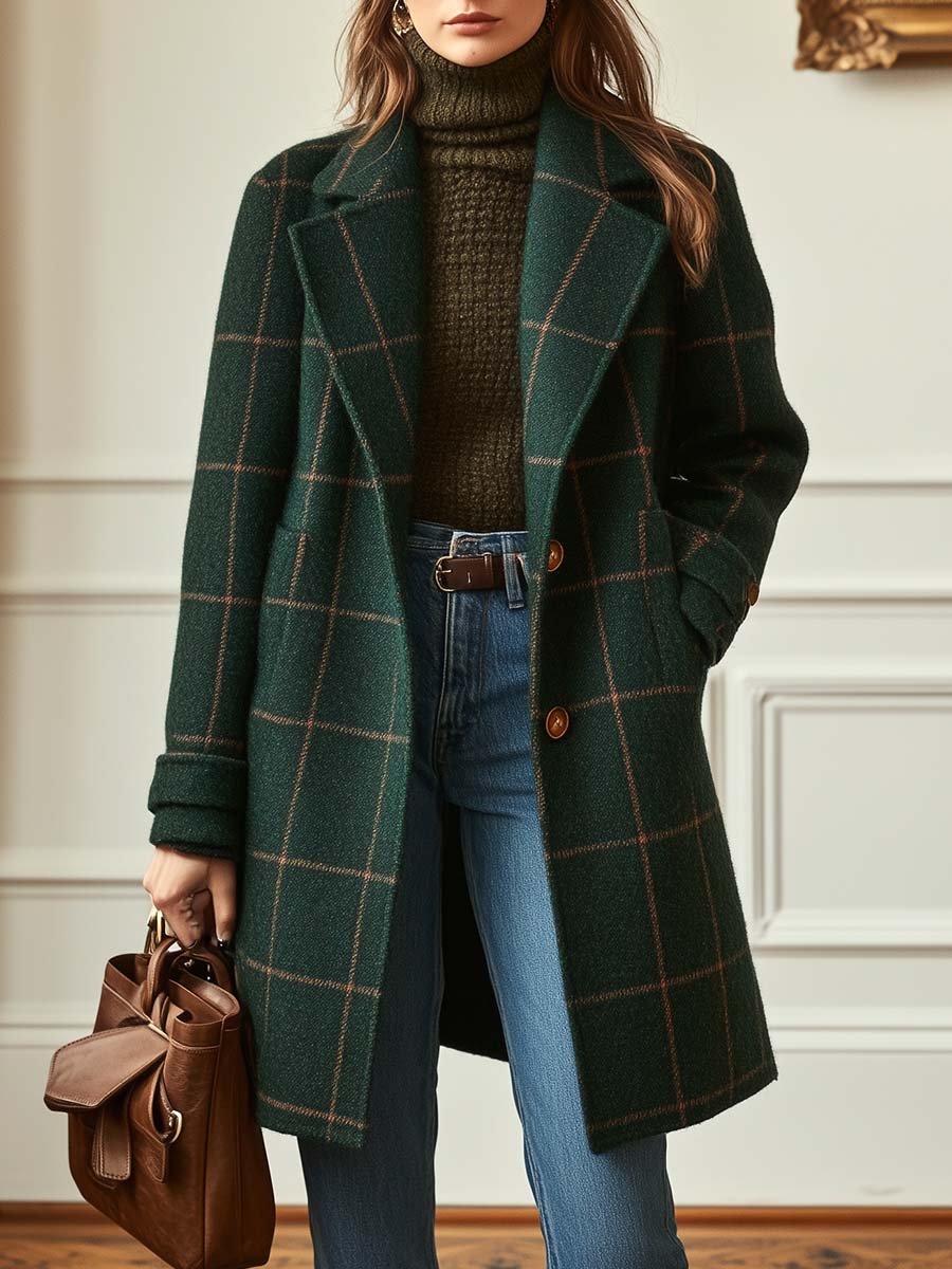 Women's wool blend plaid coat with notch lapels and two-button front