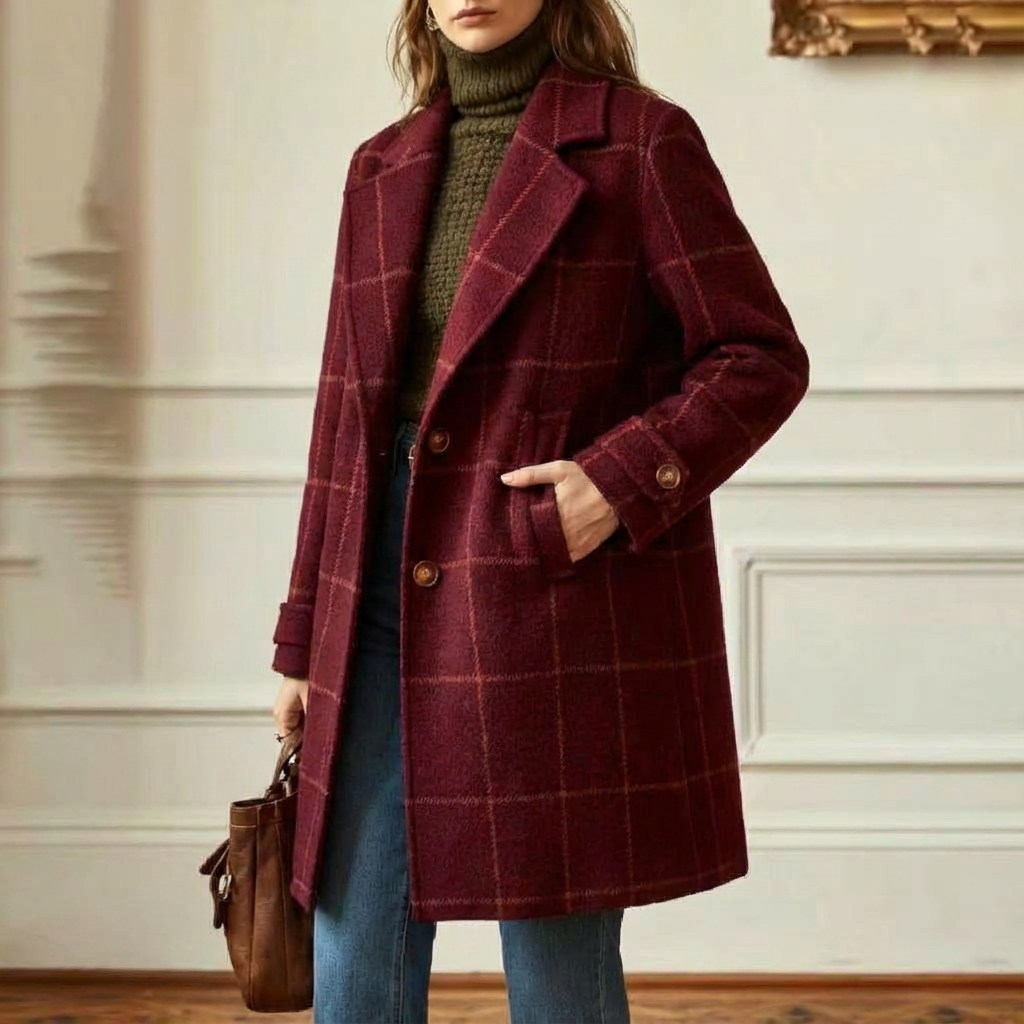 Women's wool blend plaid coat with notch lapels and two-button front - view 10