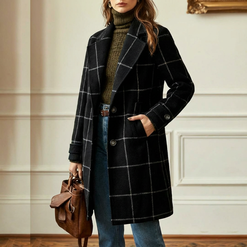 Women's wool blend plaid coat with notch lapels and two-button front - view 13