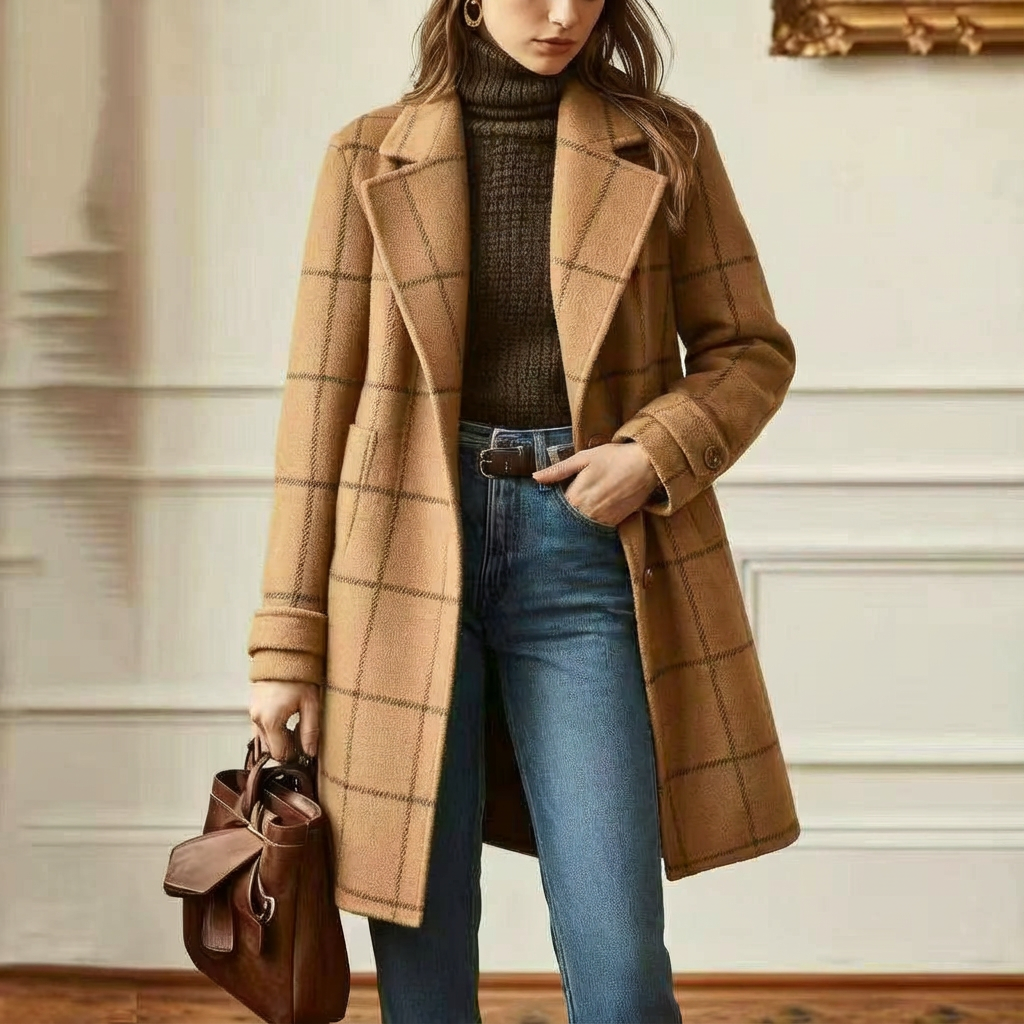 Women's wool blend plaid coat with notch lapels and two-button front - view 18