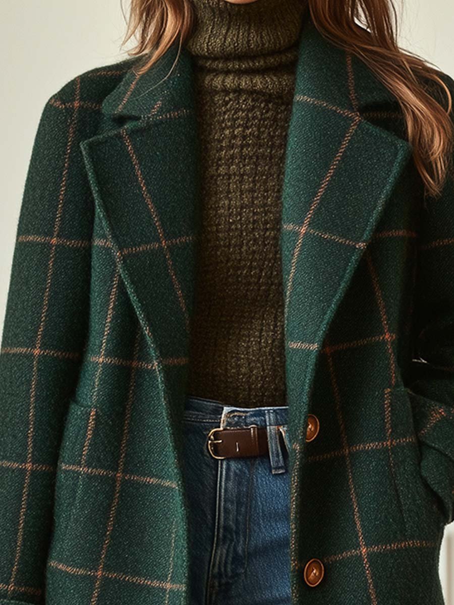 Women's wool blend plaid coat with notch lapels and two-button front - view 2