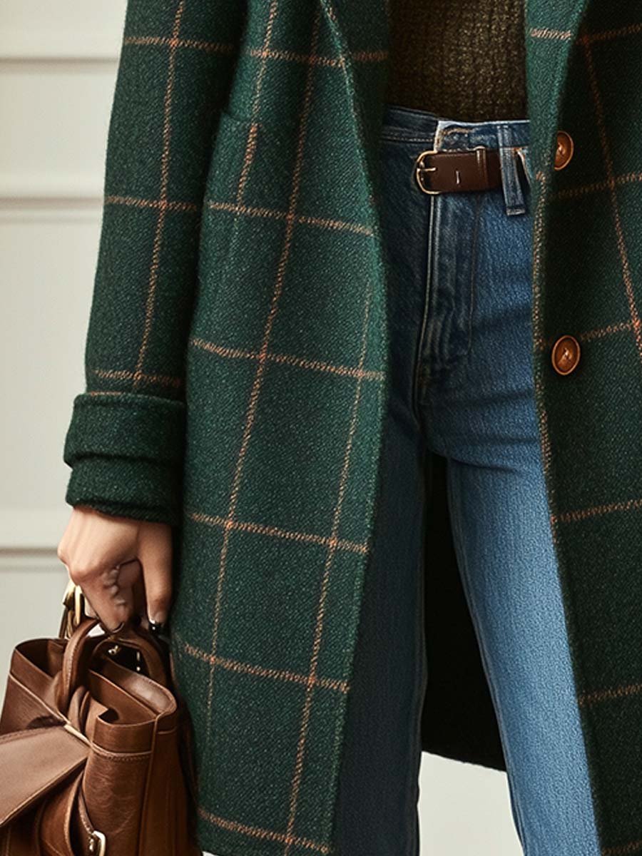 Women's wool blend plaid coat with notch lapels and two-button front - view 4