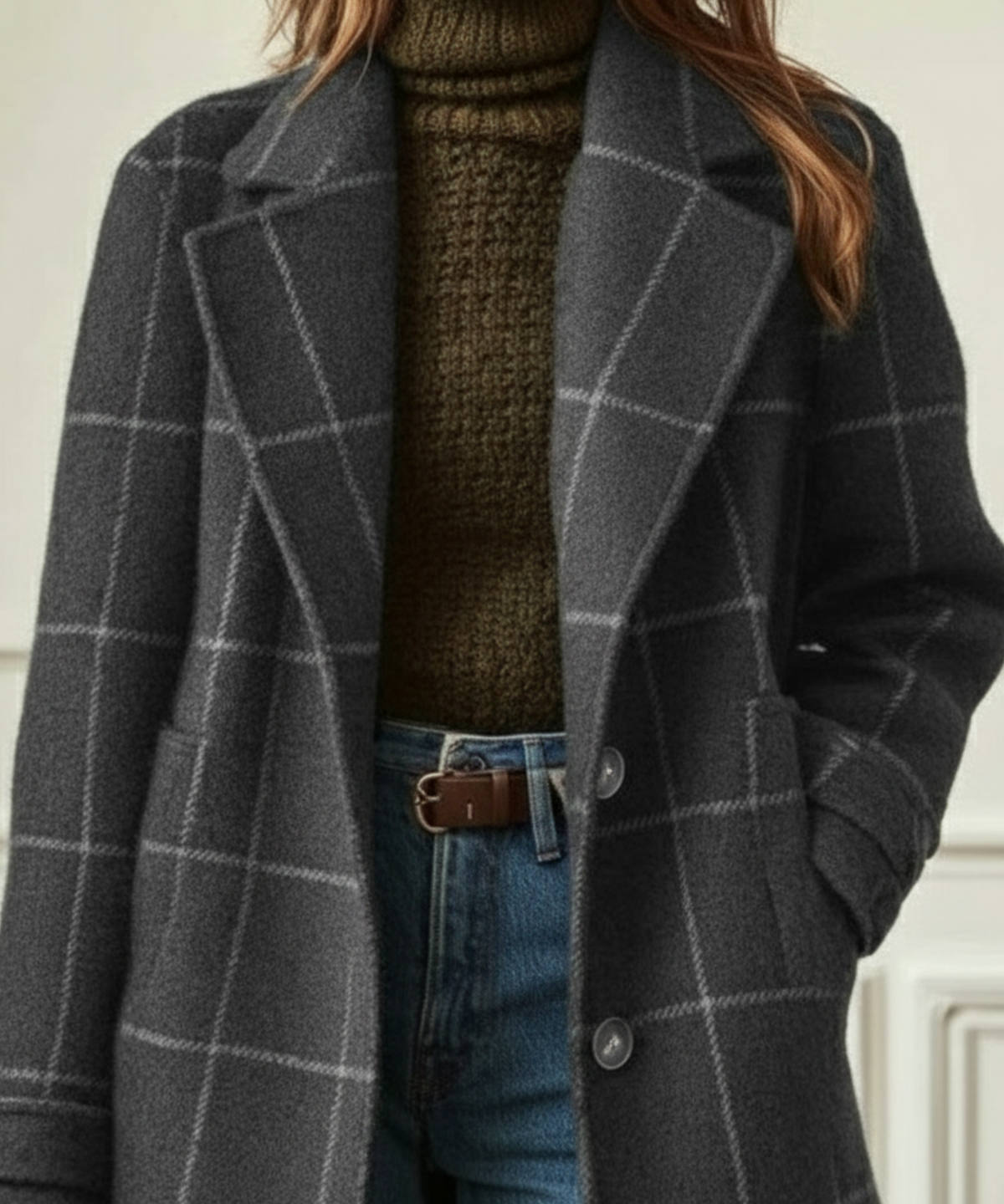 Women's wool blend plaid coat with notch lapels and two-button front - view 5