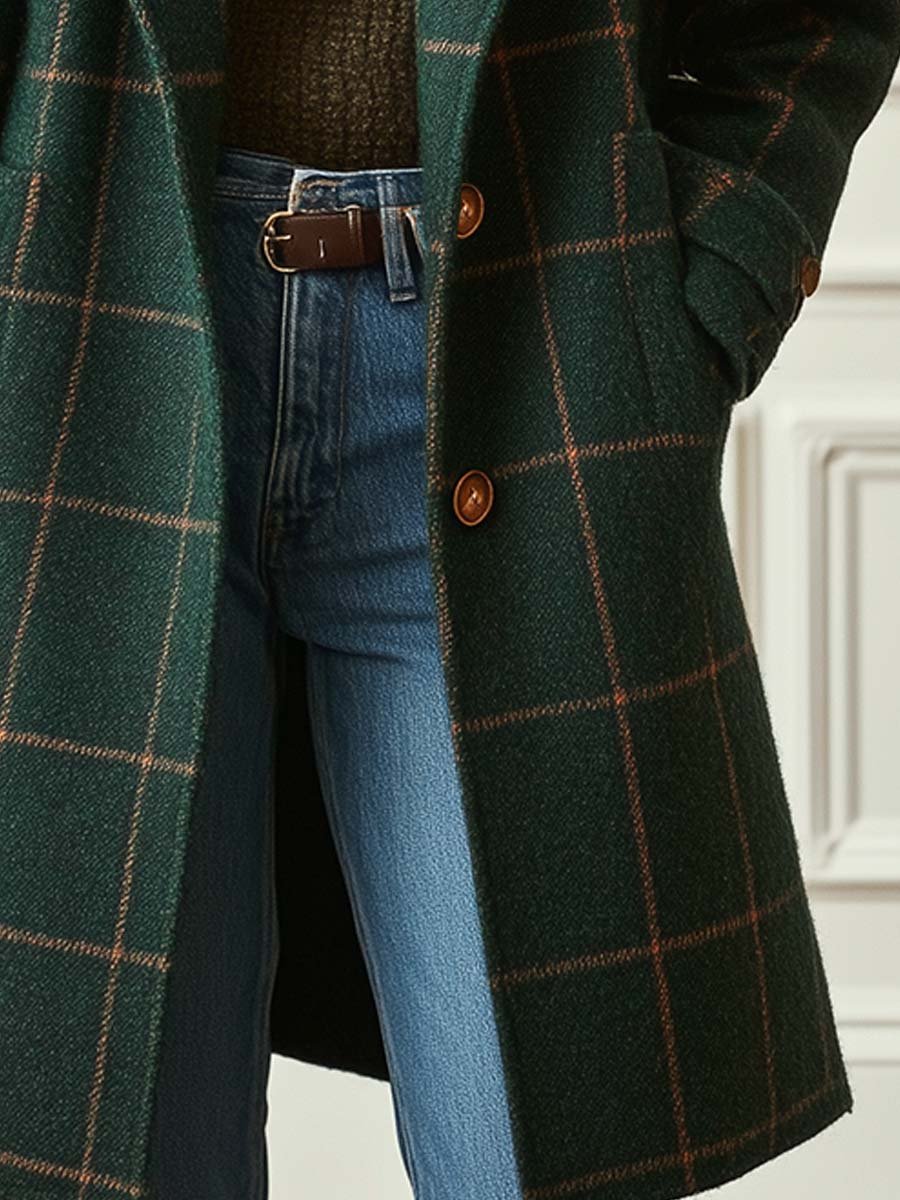 Women's wool blend plaid coat with notch lapels and two-button front - view 6