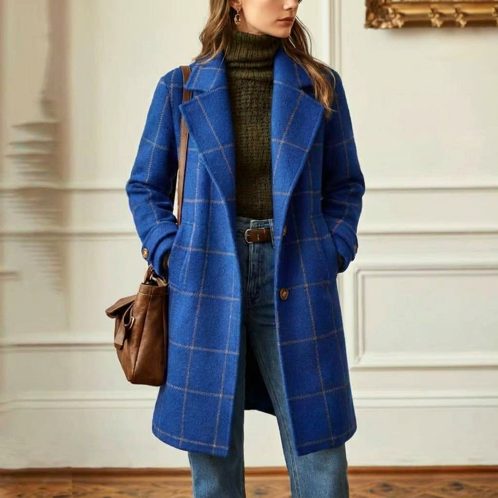 Women's wool blend plaid coat with notch lapels and two-button front - view 7