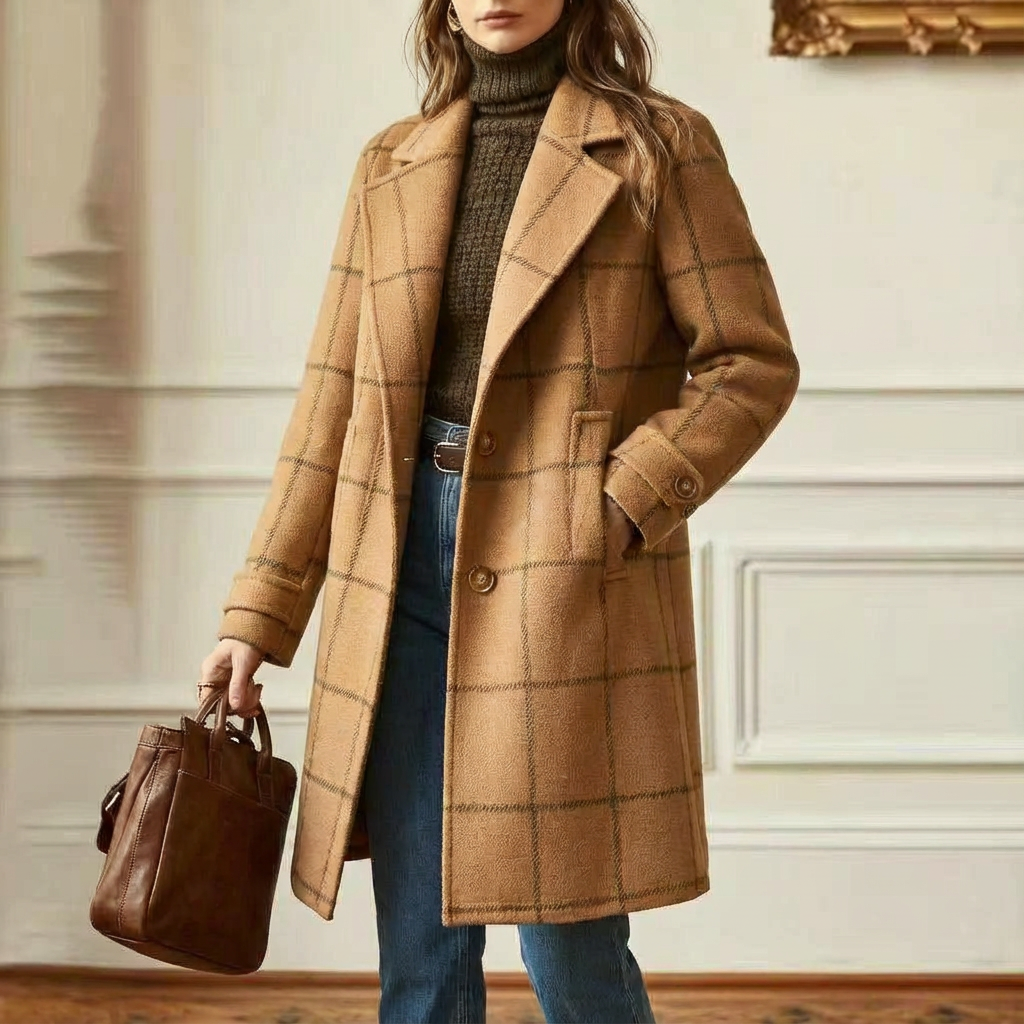 Women's wool blend plaid coat with notch lapels and two-button front - view 8