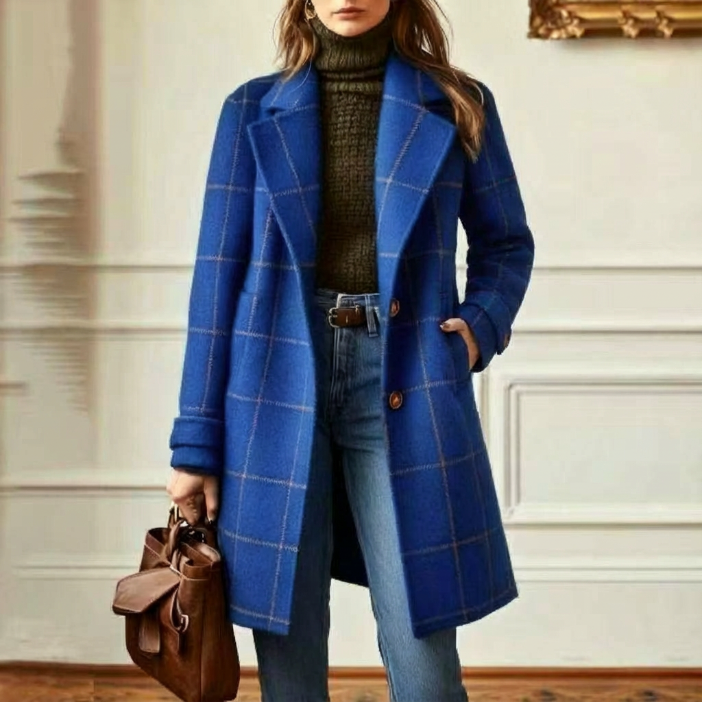 Women's wool blend plaid coat with notch lapels and two-button front - view 9