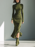 Olive green turtleneck long sleeve maxi dress with ruched hip and flared flounce hem