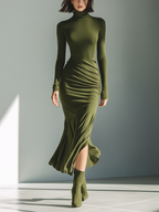 Olive green turtleneck long sleeve maxi dress with ruched hip and flared flounce hem