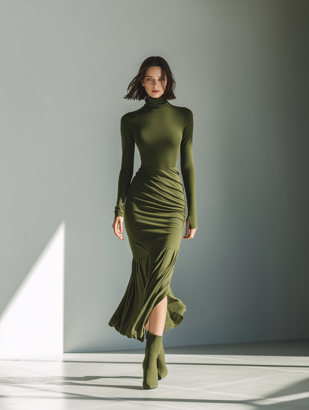 Olive green turtleneck long sleeve maxi dress with ruched hip and flared flounce hem - view 2