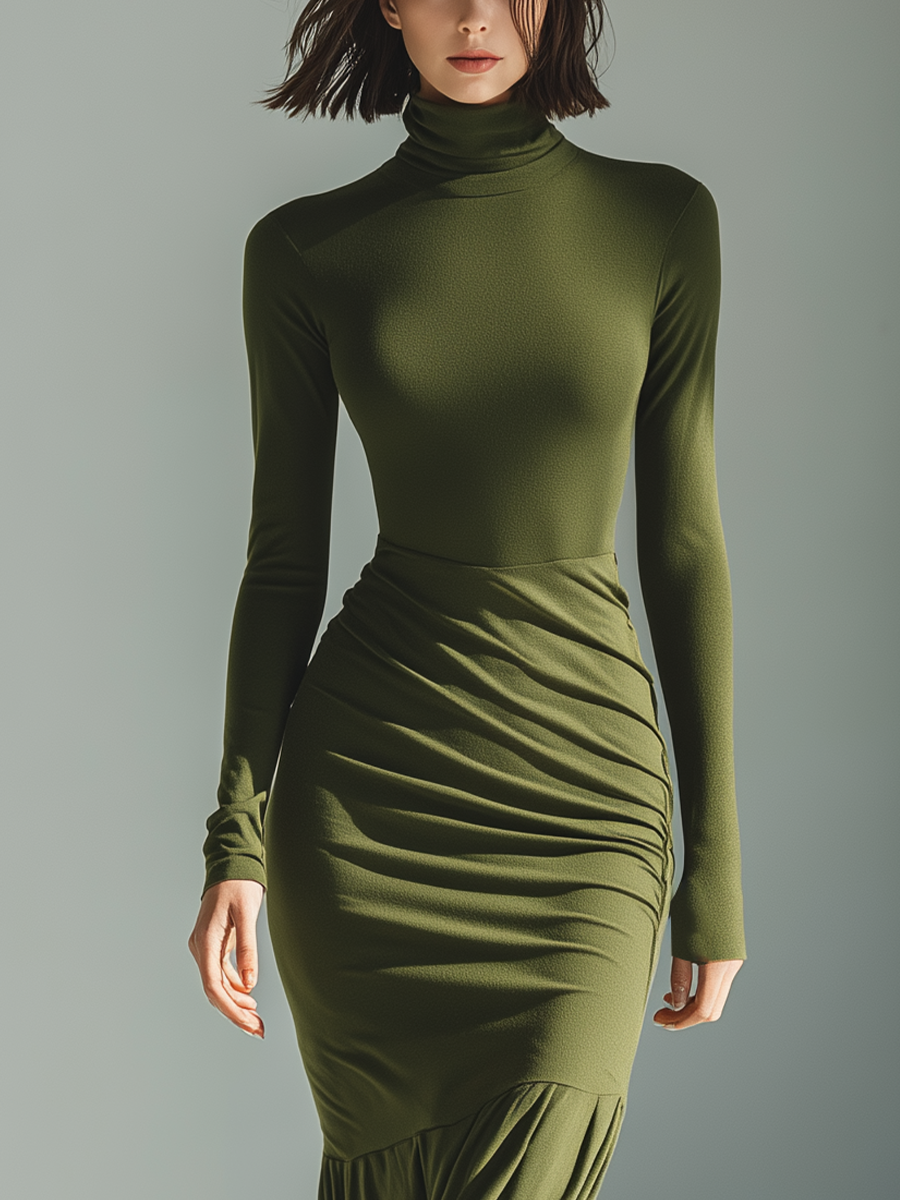 Olive green turtleneck long sleeve maxi dress with ruched hip and flared flounce hem - view 3