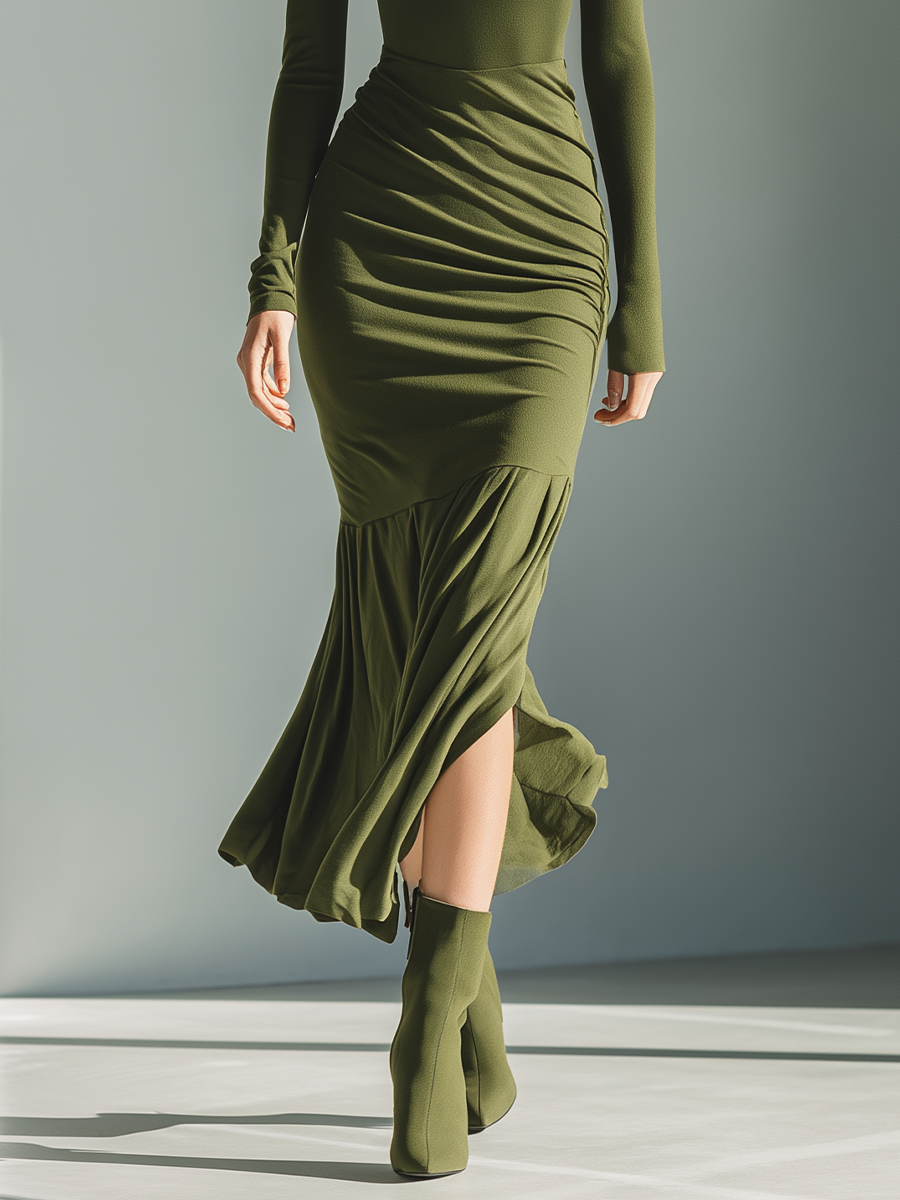 Olive green turtleneck long sleeve maxi dress with ruched hip and flared flounce hem - view 4