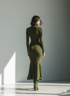 Olive green turtleneck long sleeve maxi dress with ruched hip and flared flounce hem - view 5