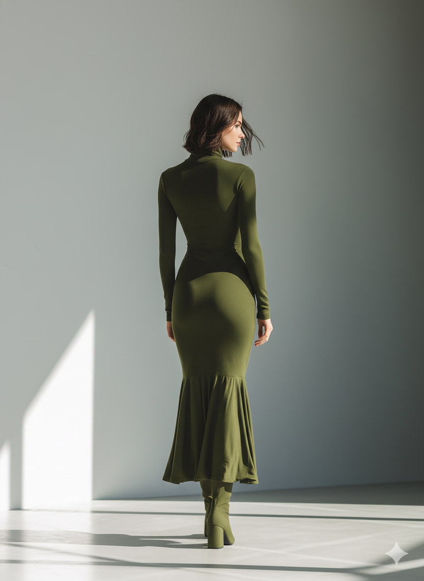 Olive green turtleneck long sleeve maxi dress with ruched hip and flared flounce hem - view 5