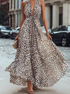 Leopard Print Halter Neck Flowing Maxi Dress oaklynwear