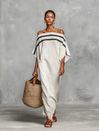 Bianca | Women's Minimalist Linen Blend Off-the-Shoulder Batwing Sleeve Straight-Cut Maxi Dress oaklynwear