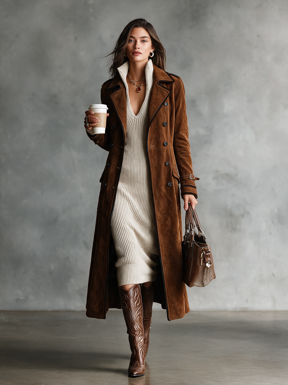 Ribbed knit long sleeve midi dress with half-turtleneck V-neck collar - view 3