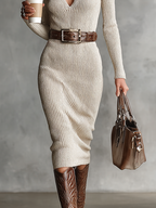 Ribbed knit long sleeve midi dress with half-turtleneck V-neck collar - view 7