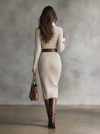 Ribbed knit long sleeve midi dress with half-turtleneck V-neck collar - view 9