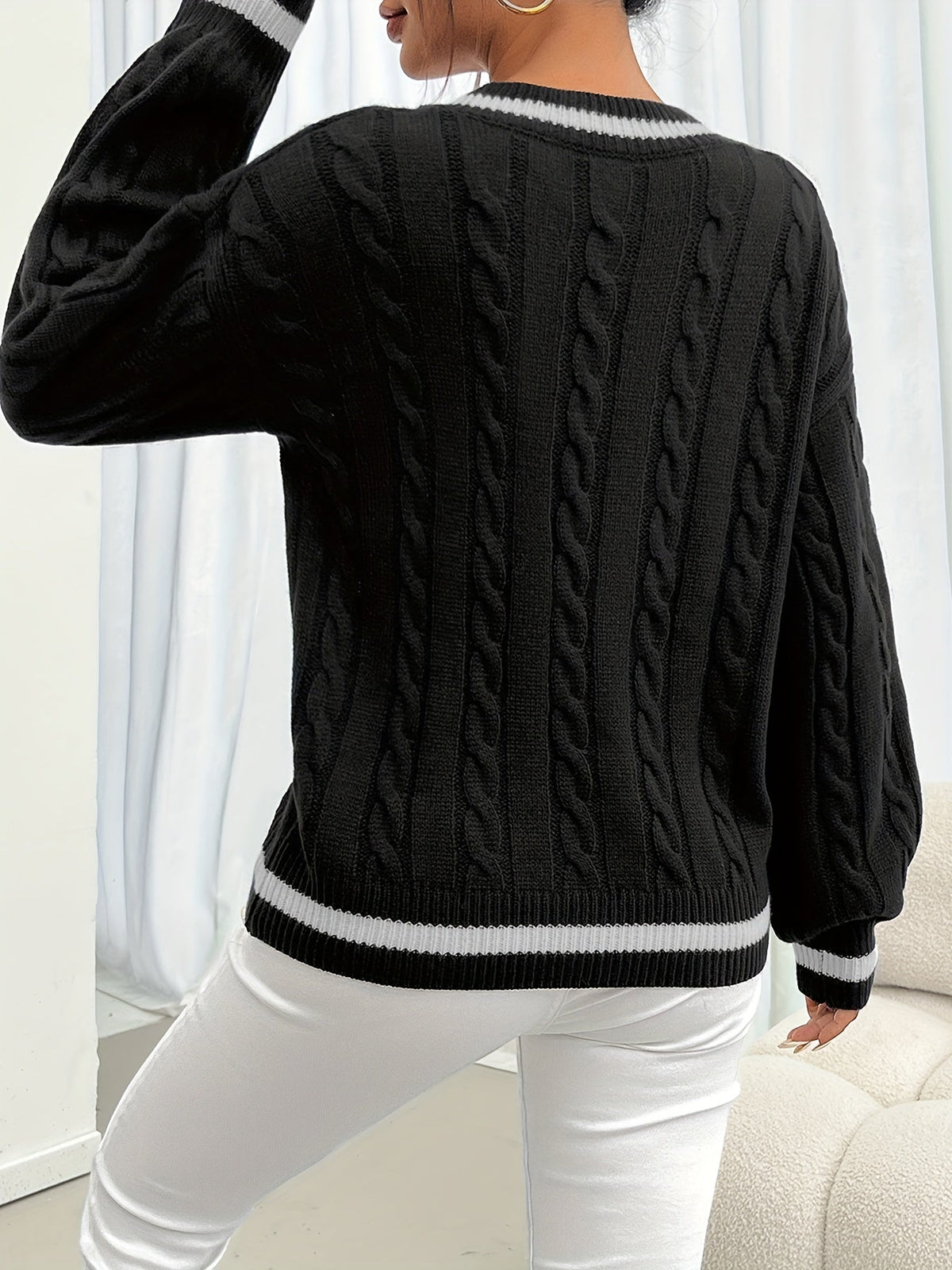 Women's navy cable knit V-neck sweater with white contrast stripe trim - view 10