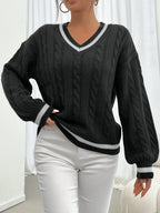 Women's navy cable knit V-neck sweater with white contrast stripe trim - view 13