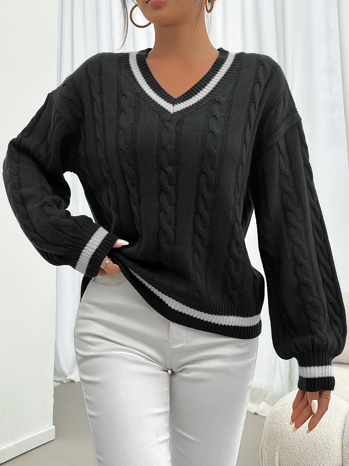 Women's navy cable knit V-neck sweater with white contrast stripe trim - view 13