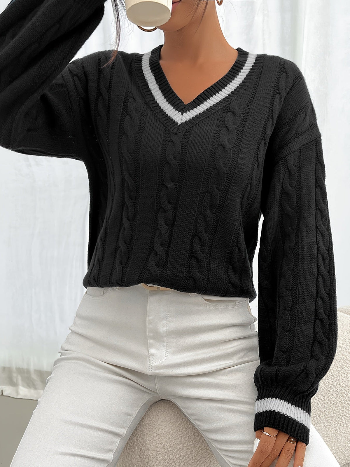 Women's navy cable knit V-neck sweater with white contrast stripe trim - view 14