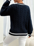 Women's navy cable knit V-neck sweater with white contrast stripe trim - view 3