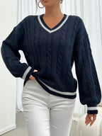 Women's navy cable knit V-neck sweater with white contrast stripe trim - view 5