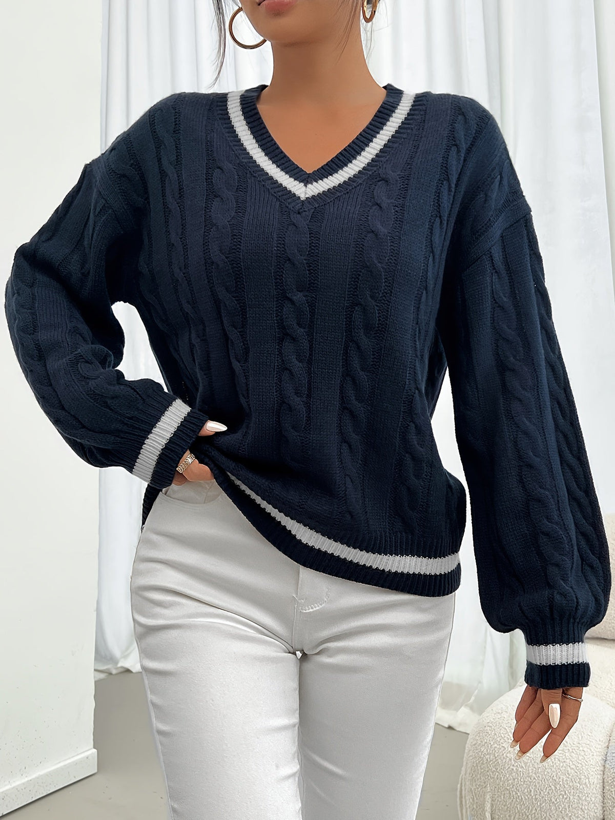 Women's navy cable knit V-neck sweater with white contrast stripe trim - view 5