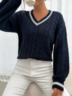 Women's navy cable knit V-neck sweater with white contrast stripe trim - view 7