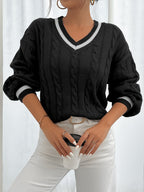 Women's navy cable knit V-neck sweater with white contrast stripe trim - view 9