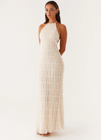 Delphine halter maxi dress with pleated ruffle texture and open back