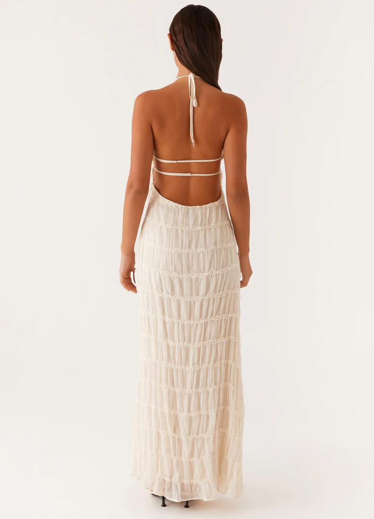 Delphine halter maxi dress with pleated ruffle texture and open back - view 14
